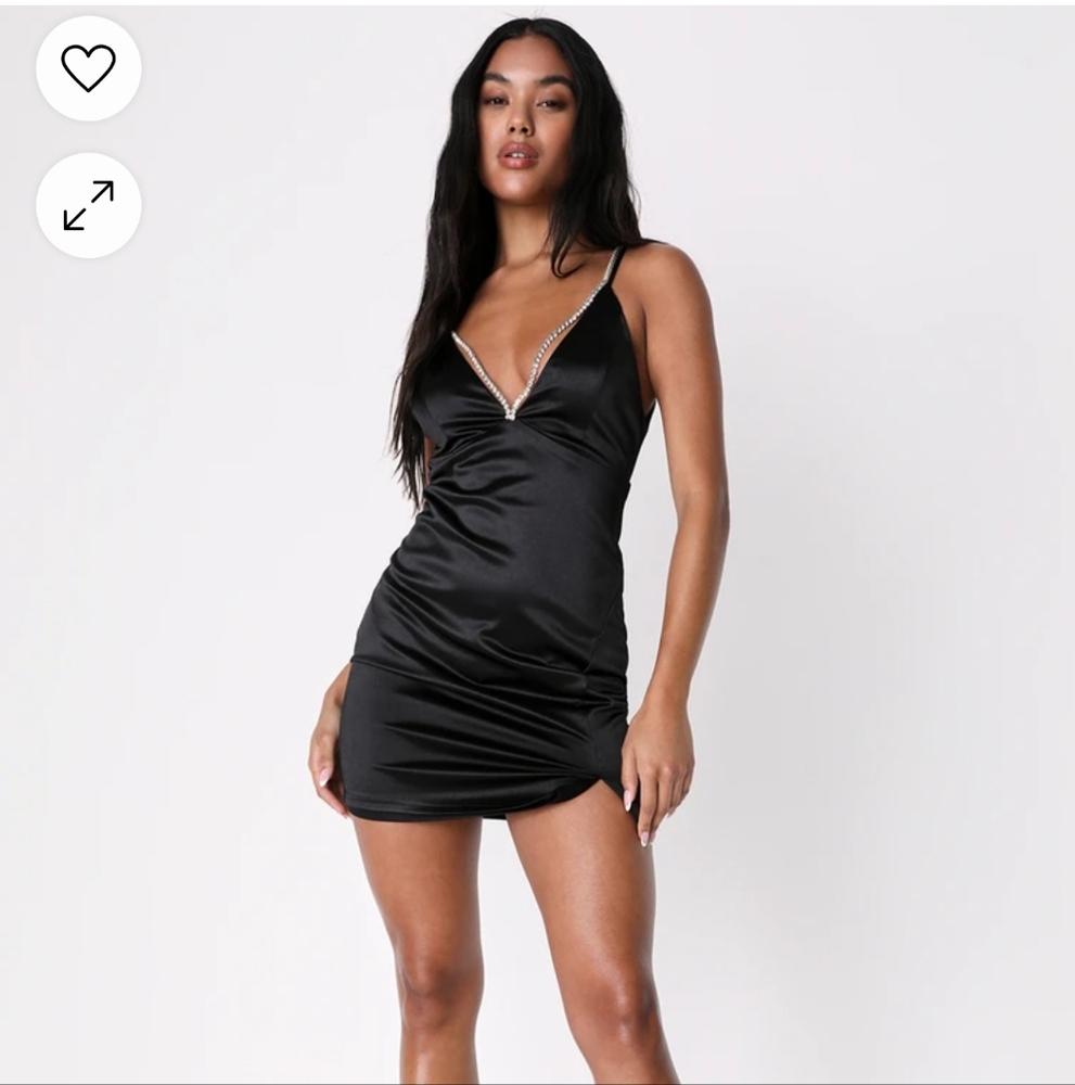 NWT Lulus Black Satin Mini Dress Rhinestone Trim Size 6 Cocktail Party